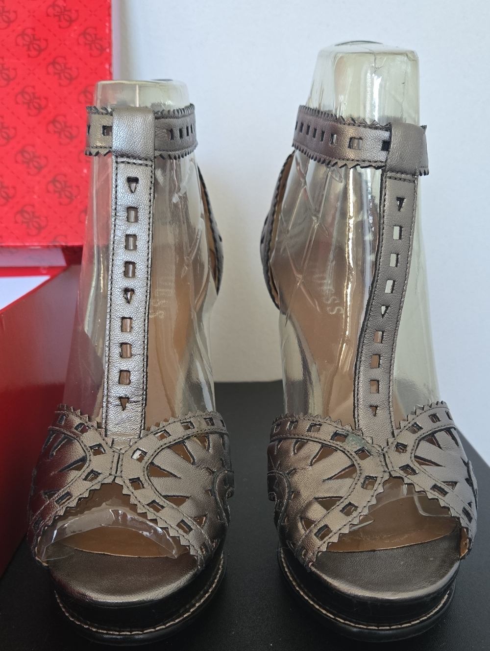 Metallic Pewter T-Strap Peep-Toe Heels